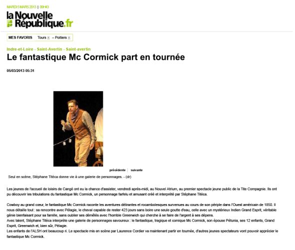 Spectacle Jeune Public - Le Fantastique Mc Cormick - La nouvelle République